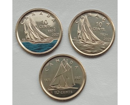 Канада 10 центов 2021. 100 лет паруснику Bluenose. Набор 3 шт.