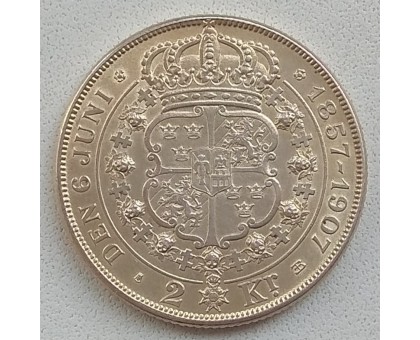 Швеция 2 кроны 1907. 50 лет свадьбе Короля Оскара II и Леди Софии. Серебро