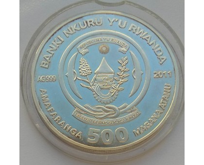 Руанда 500 франков 2011. Ванда трехцветная серебро