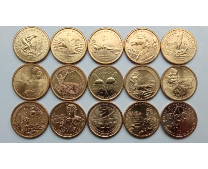 США 1 доллар 2009-2023. Индианка Сакагавея. Набор 15 монет