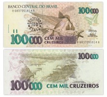 Бразилия 100 крузейро реал 1993 (надпечатка на 100000 крузейро 1993)