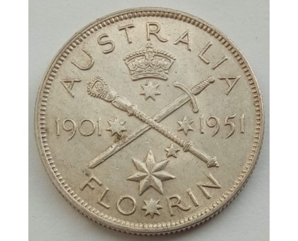 Австралия 1 флорин 1951. 50 лет Федерации (серебро)