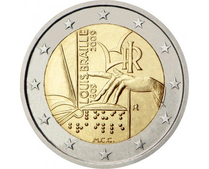 Италия 2 евро 2009. 200 лет со дня рождения Луи Брайля
