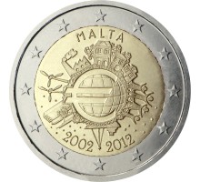 Мальта 2 евро 2012. 10 лет наличному евро