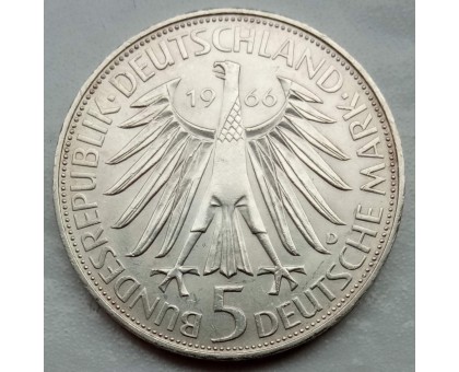 Германия (ФРГ) 5 марок 1966. Готфрид Вильгельм Лейбниц, серебро