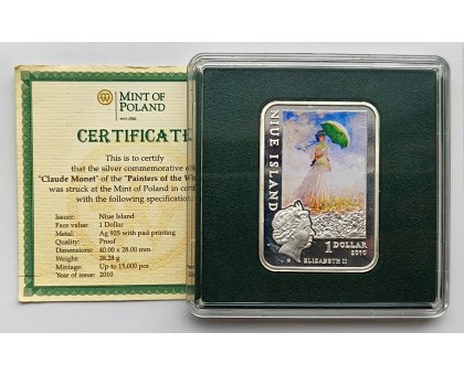 Ниуэ 1 доллар 2010. Художник Жан Клод Моне - Женщина с зонтиком, серебро