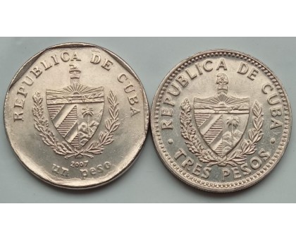 Набор монет Куба 1, 3 песо 1992-2002, 2 шт