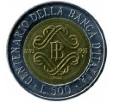 Италия 500 лир 1993. 100 лет Банку Италии