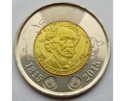 Канада 2 доллара 2015. 200-летие со дня рождения сэра Джона Макдональда